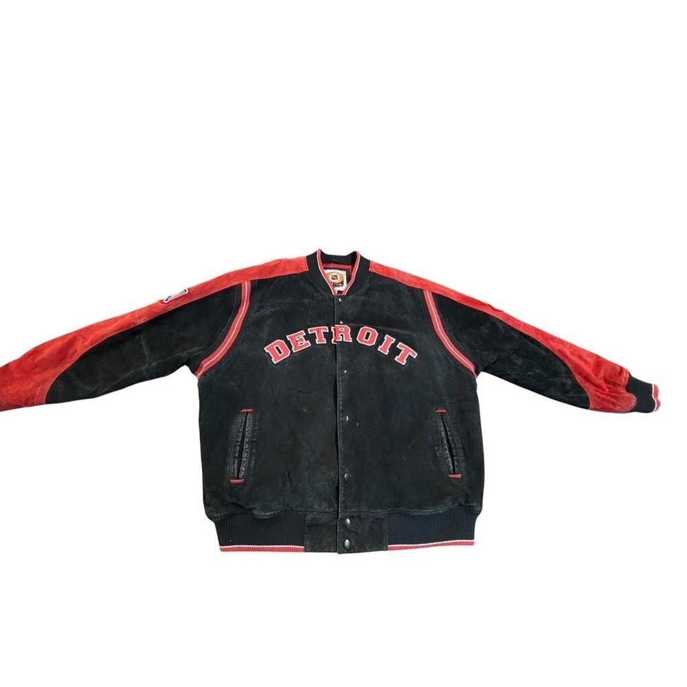 VTG RARE G-III Detroit Red Wings NHL Suede Jacket Mens Black Red XXL Western Con